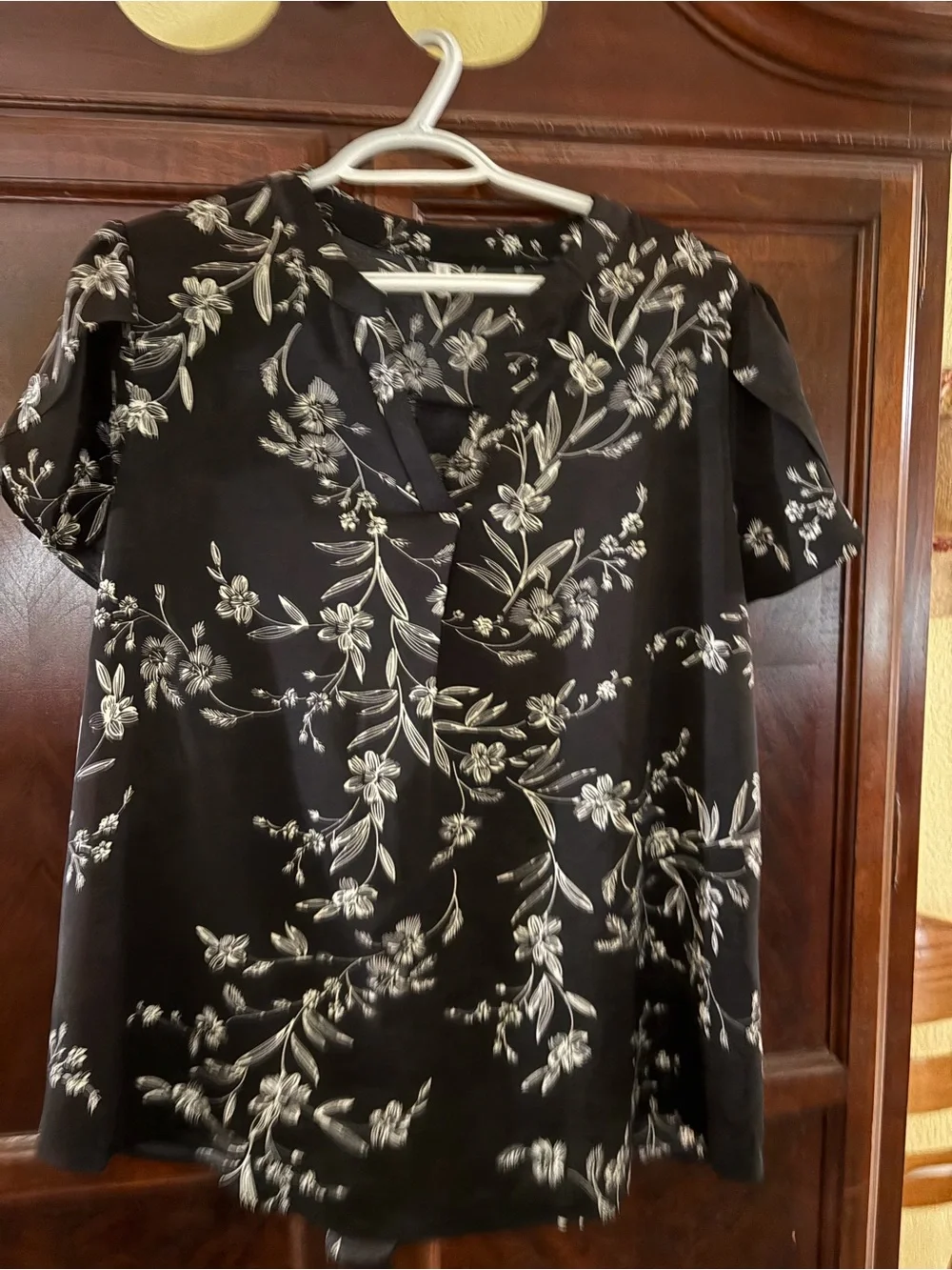 Black Floral Short-Sleeve V-Neck Top
